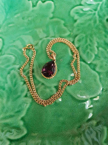 Vintage 1960s Purple Rhinestone Pendant Necklace Gold Tone