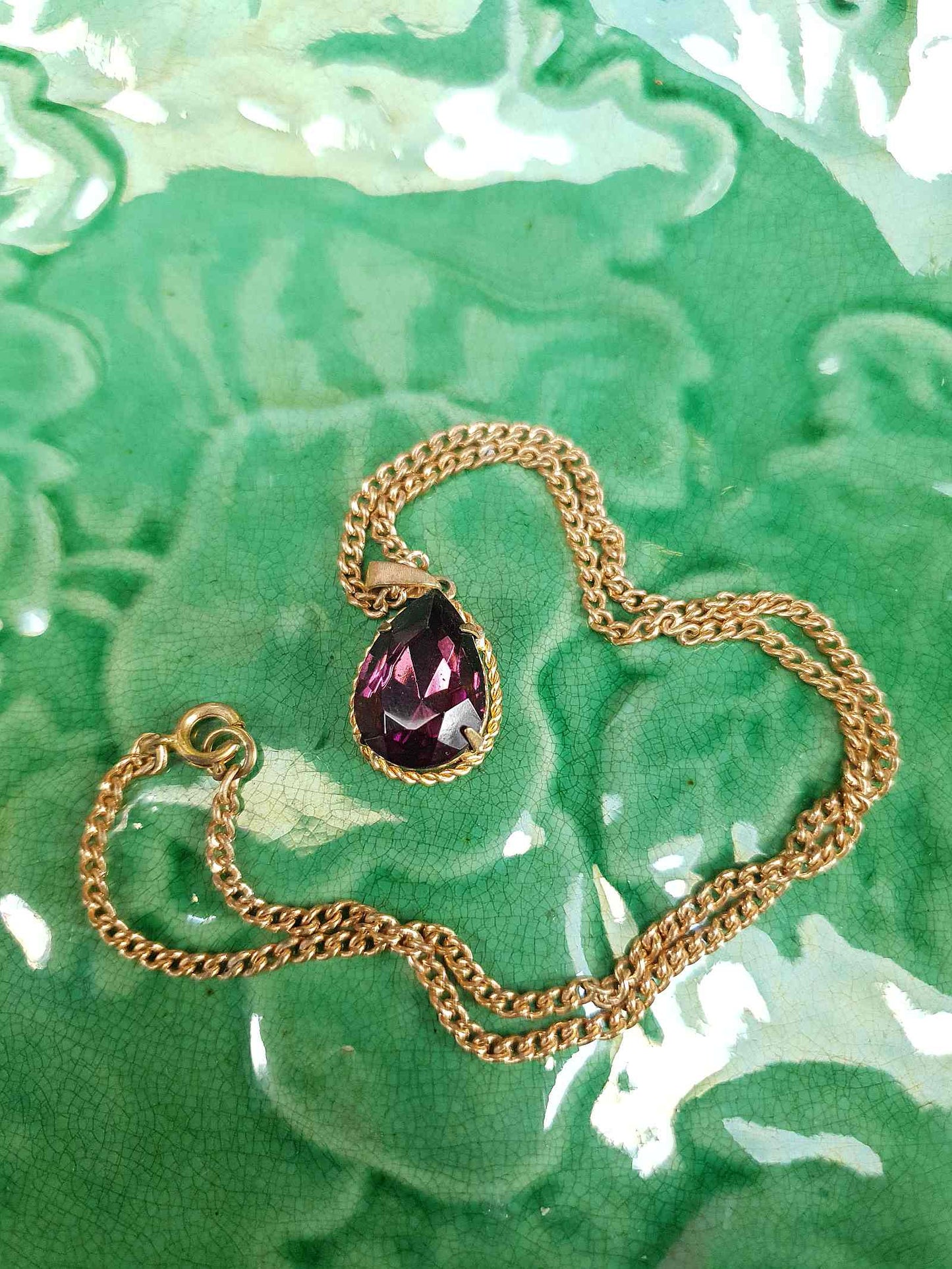 Vintage 1960s Purple Rhinestone Pendant Necklace Gold Tone
