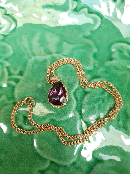 Vintage 1960s Purple Rhinestone Pendant Necklace Gold Tone