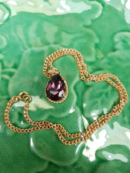 Vintage 1960s Purple Rhinestone Pendant Necklace Gold Tone