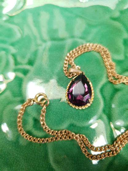 Vintage 1960s Purple Rhinestone Pendant Necklace Gold Tone