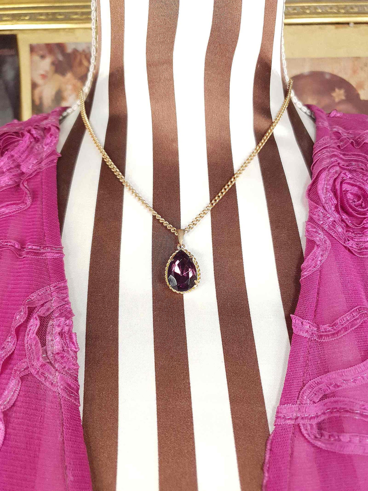 Vintage 1960s Purple Rhinestone Pendant Necklace Gold Tone