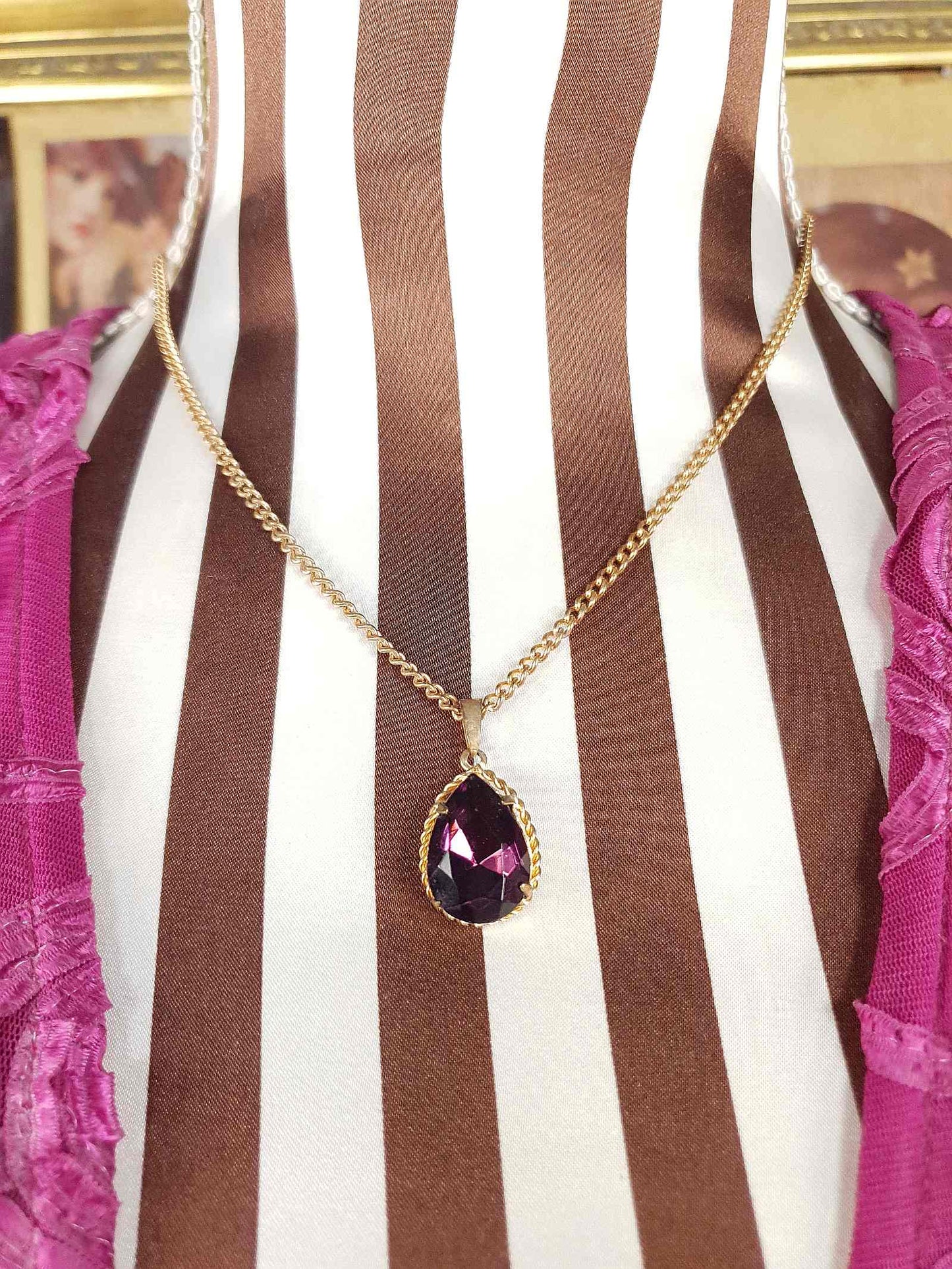 Vintage 1960s Purple Rhinestone Pendant Necklace Gold Tone