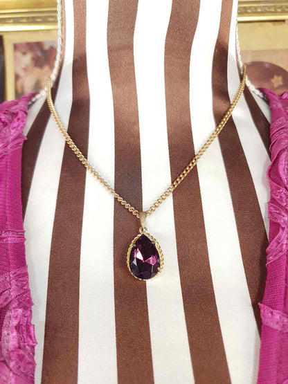 Vintage 1960s Purple Rhinestone Pendant Necklace Gold Tone