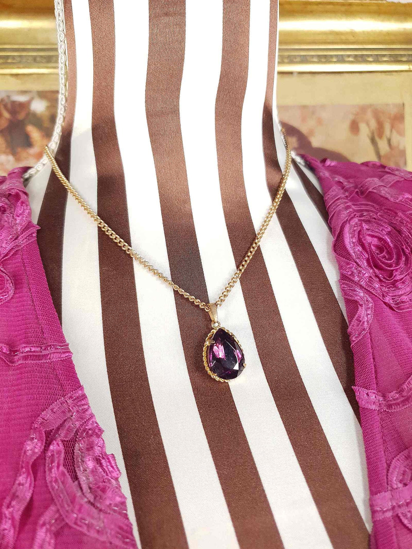 Vintage 1960s Purple Rhinestone Pendant Necklace Gold Tone