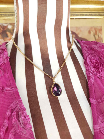 Vintage 1960s Purple Rhinestone Pendant Necklace Gold Tone