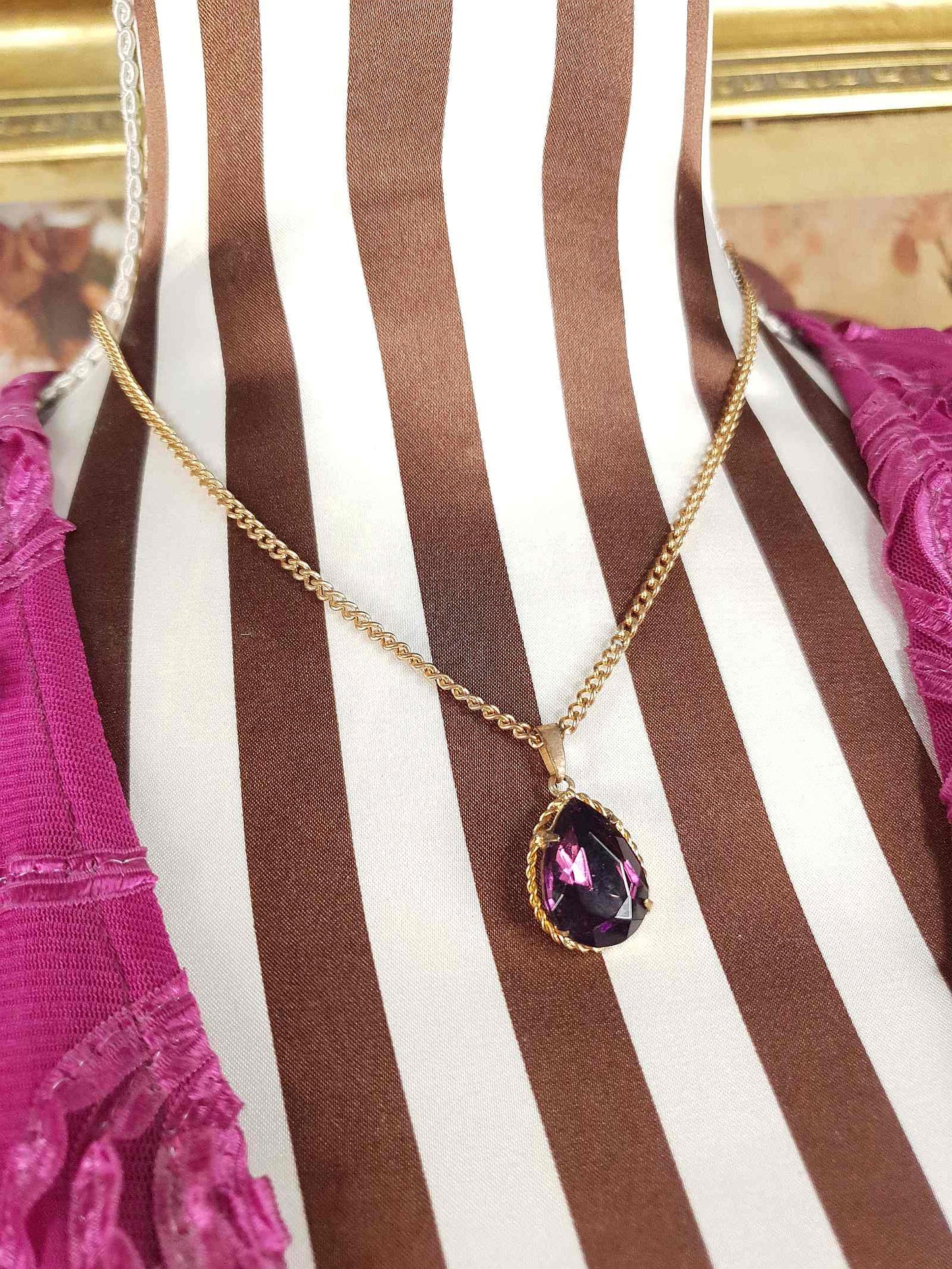 Vintage 1960s Purple Rhinestone Pendant Necklace Gold Tone
