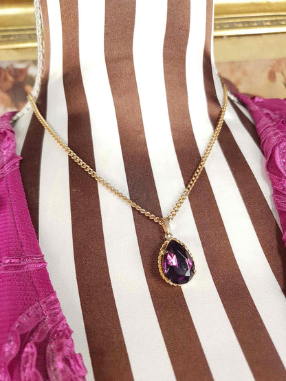 Vintage 1960s Purple Rhinestone Pendant Necklace Gold Tone
