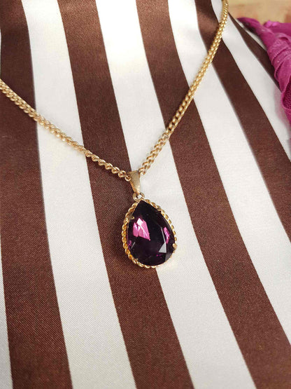 Vintage 1960s Purple Rhinestone Pendant Necklace Gold Tone