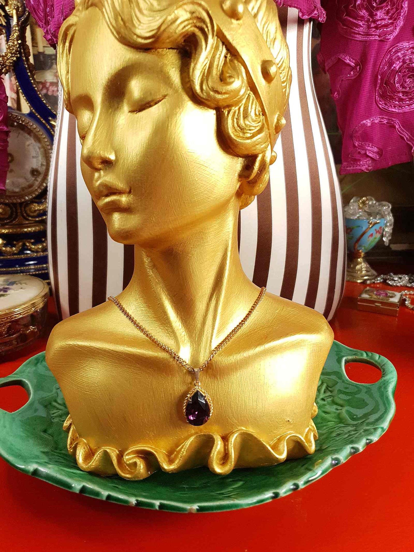 Vintage 1960s Purple Rhinestone Pendant Necklace Gold Tone