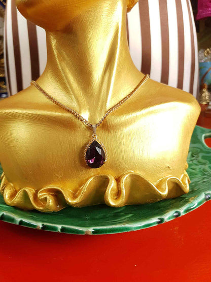 Vintage 1960s Purple Rhinestone Pendant Necklace Gold Tone