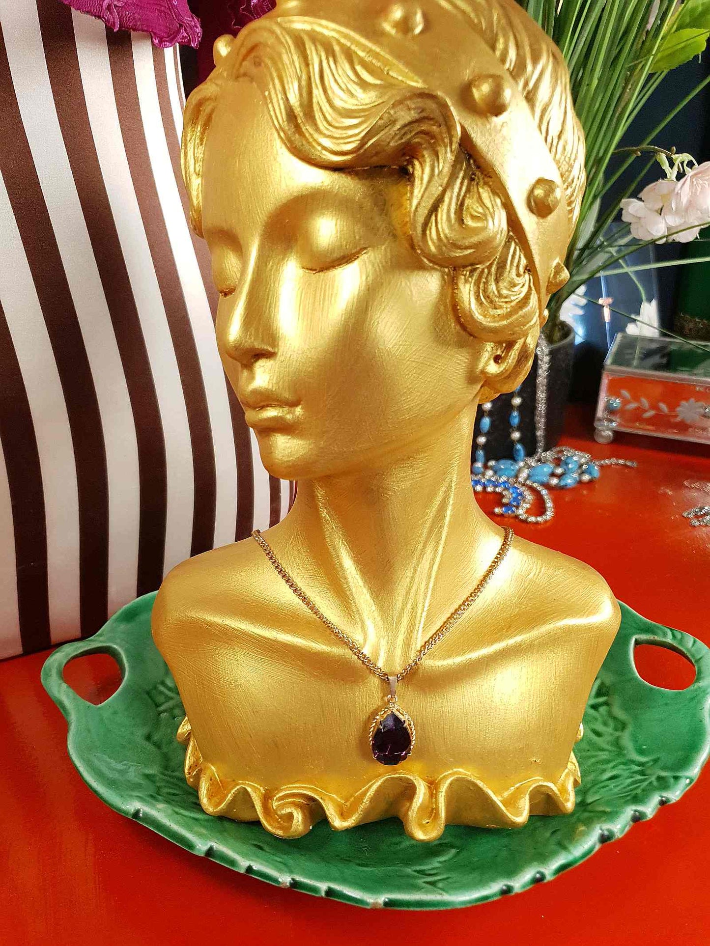 Vintage 1960s Purple Rhinestone Pendant Necklace Gold Tone