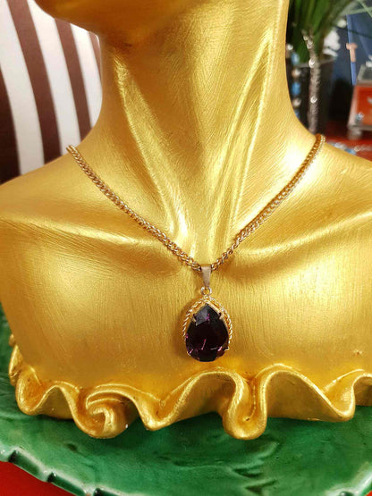 Vintage 1960s Purple Rhinestone Pendant Necklace Gold Tone