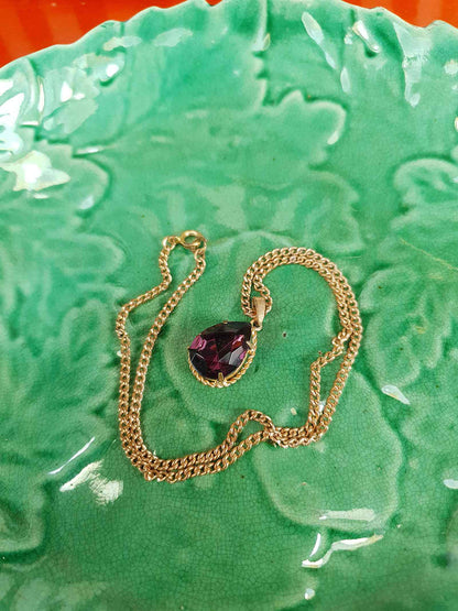 Vintage 1960s Purple Rhinestone Pendant Necklace Gold Tone
