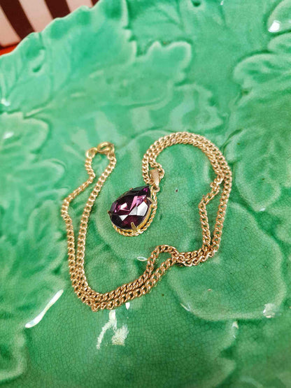 Vintage 1960s Purple Rhinestone Pendant Necklace Gold Tone