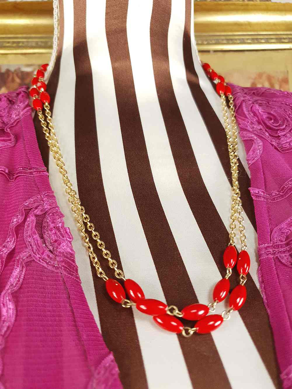 Vintage 1960s Red Bead Long Necklace 47" - Gold Tone Chain