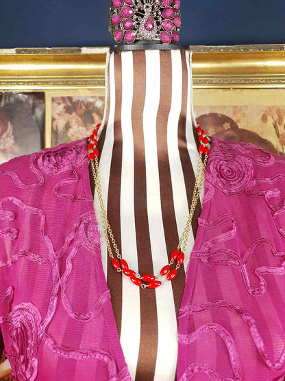 Vintage 1960s Red Bead Long Necklace 47" - Gold Tone Chain