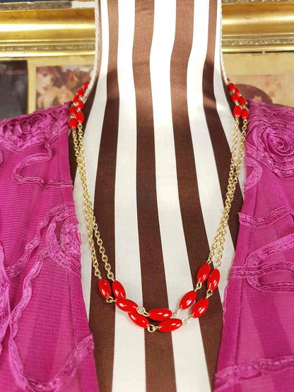 Vintage 1960s Red Bead Long Necklace 47" - Gold Tone Chain