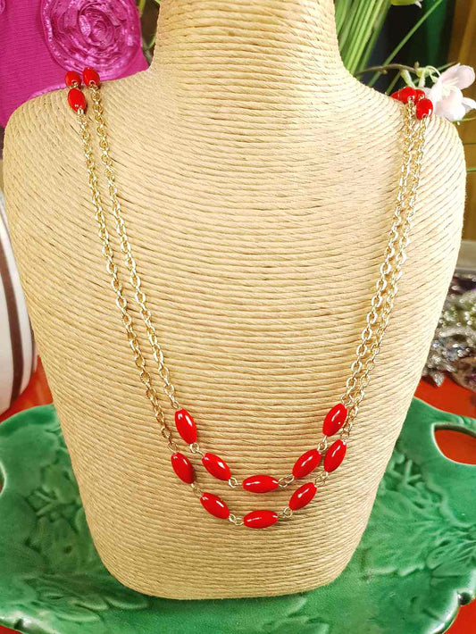 Vintage 1960s Red Bead Long Necklace 47" - Gold Tone Chain
