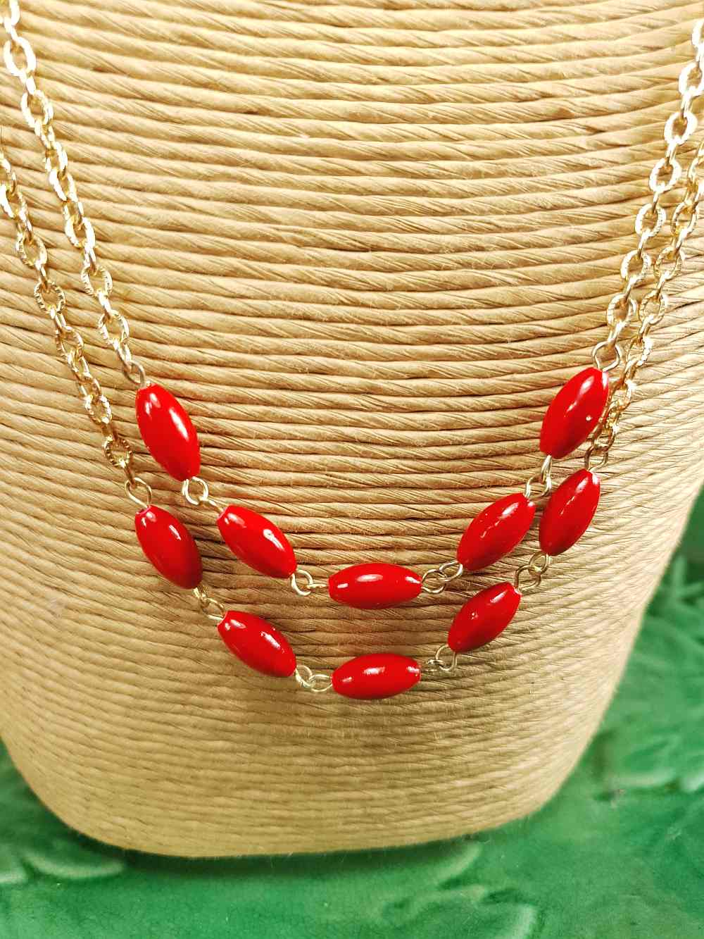 Vintage 1960s Red Bead Long Necklace 47" - Gold Tone Chain
