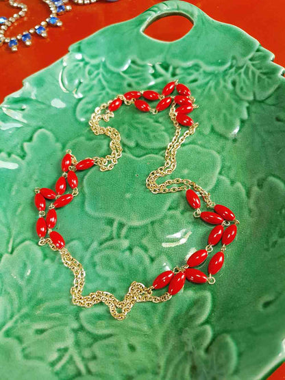 Vintage 1960s Red Bead Long Necklace 47" - Gold Tone Chain