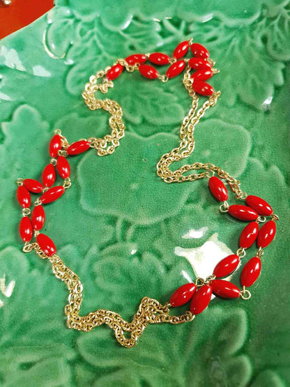 Vintage 1960s Red Bead Long Necklace 47" - Gold Tone Chain