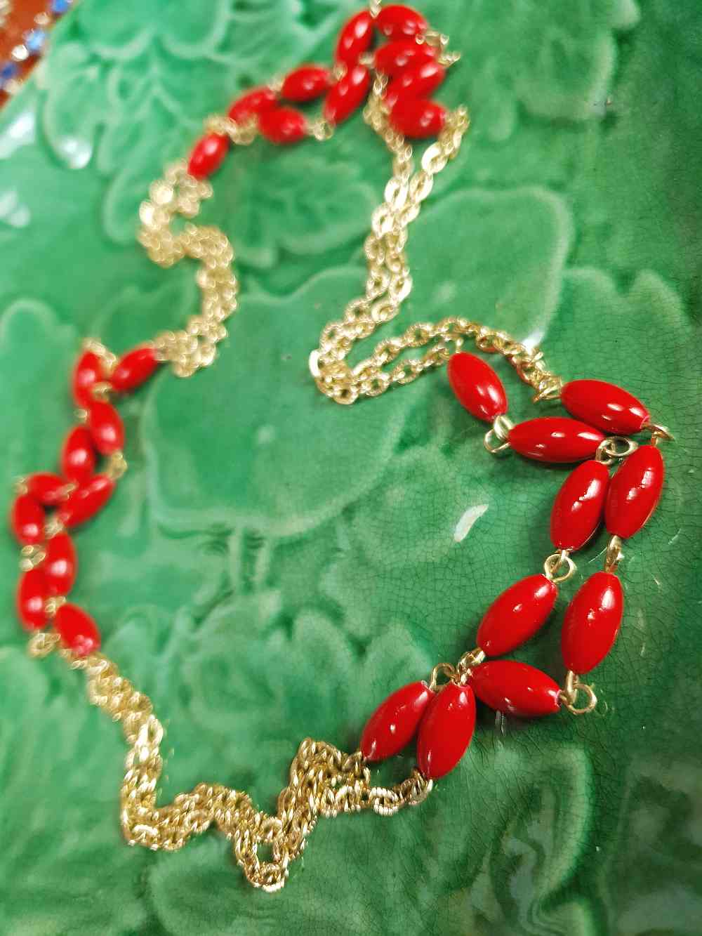 Vintage 1960s Red Bead Long Necklace 47" - Gold Tone Chain