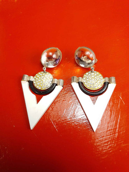 Vintage 1960s Black White Triangle Earrings Clip-On Mod Geometric