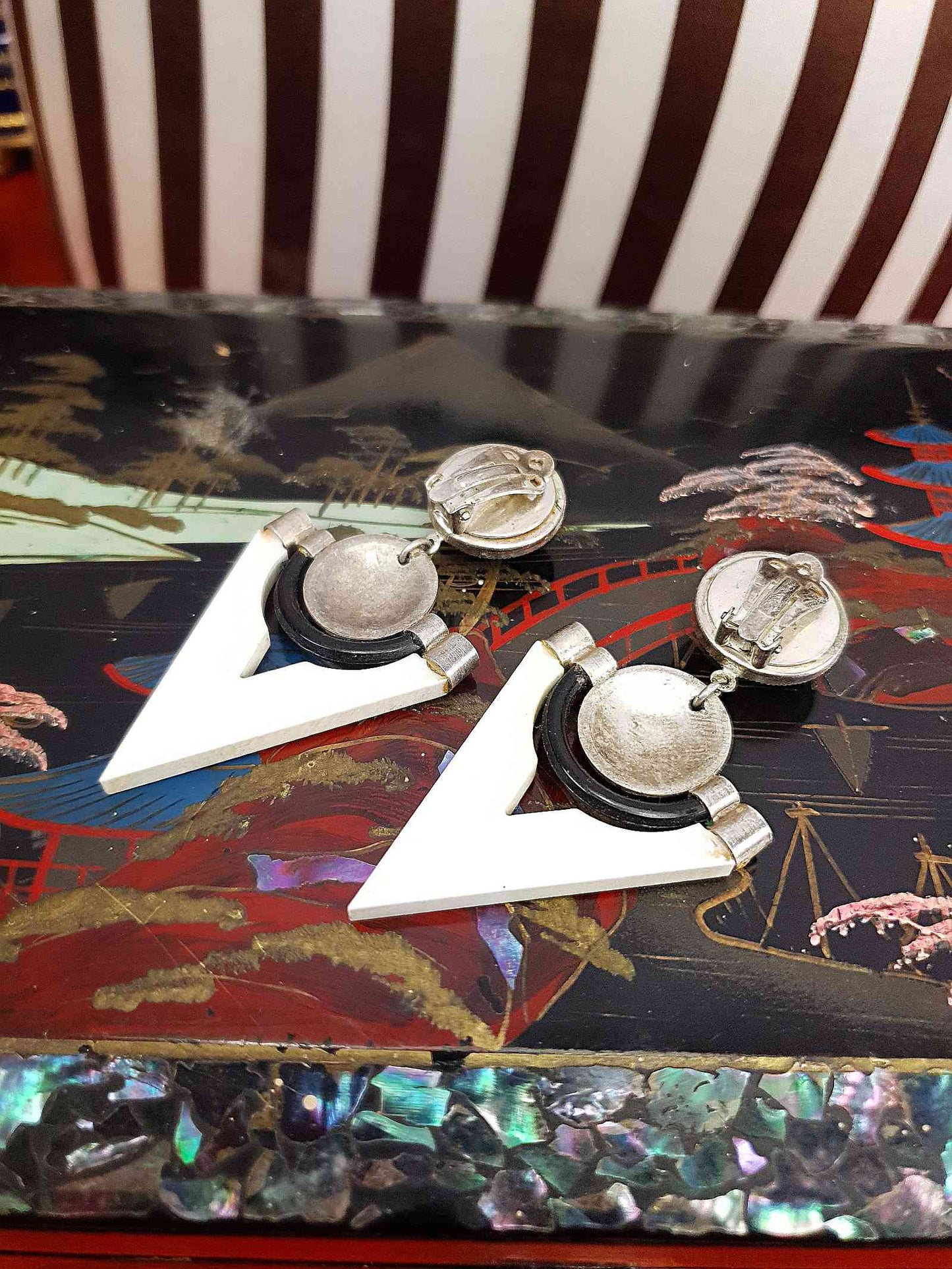 Vintage 1960s Black White Triangle Earrings Clip-On Mod Geometric