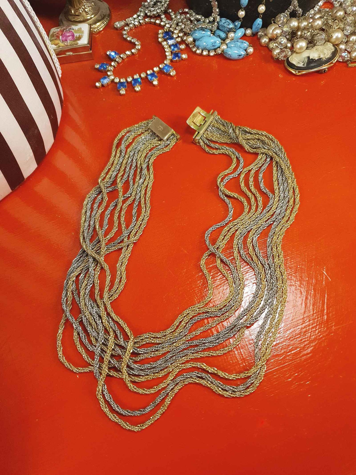 Vintage Authentic Christian Dior 1967 Necklace Draped Statement 10 Strand Gold Silver Tone Couture