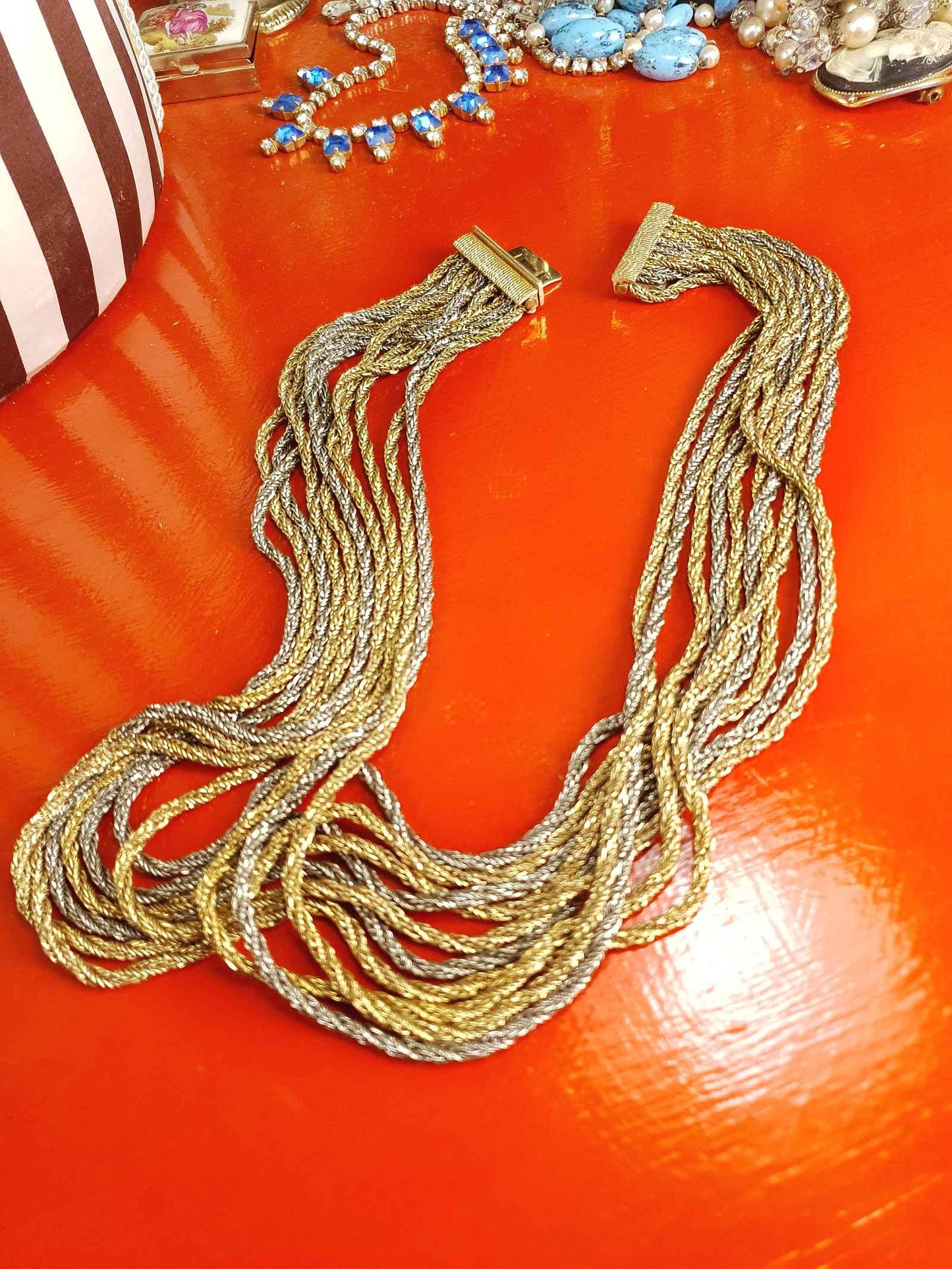 Vintage Authentic Christian Dior 1967 Necklace Draped Statement 10 Strand Gold Silver Tone Couture