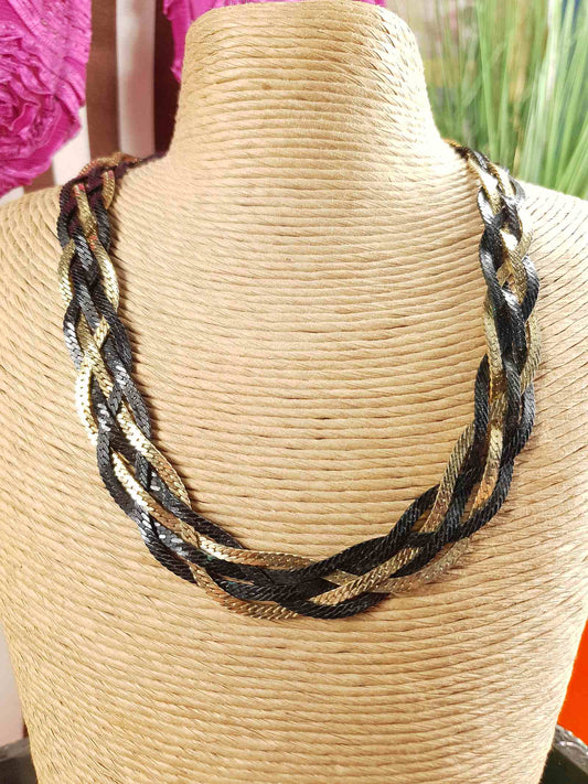 Vintage 1970s Black Gold-Tone Plaited Necklace Choker Retro
