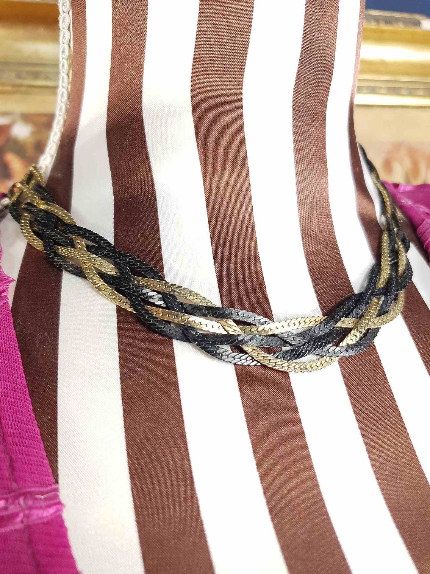 Vintage 1970s Black Gold-Tone Plaited Necklace Choker Retro