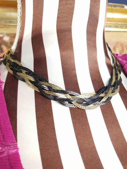 Vintage 1970s Black Gold-Tone Plaited Necklace Choker Retro