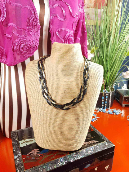 Vintage 1970s Black Gold-Tone Plaited Necklace Choker Retro