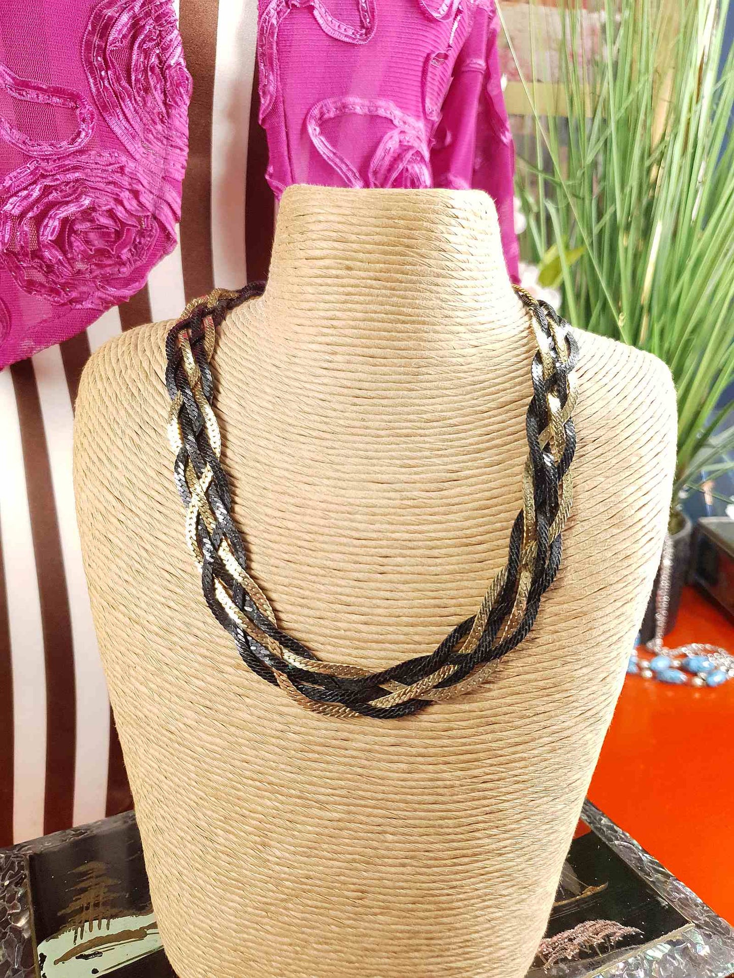Vintage 1970s Black Gold-Tone Plaited Necklace Choker Retro