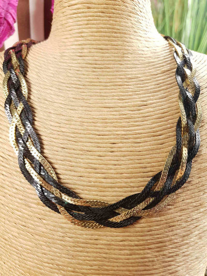 Vintage 1970s Black Gold-Tone Plaited Necklace Choker Retro