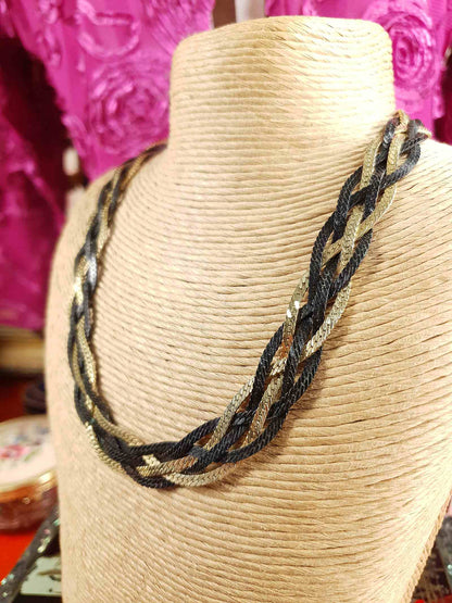 Vintage 1970s Black Gold-Tone Plaited Necklace Choker Retro