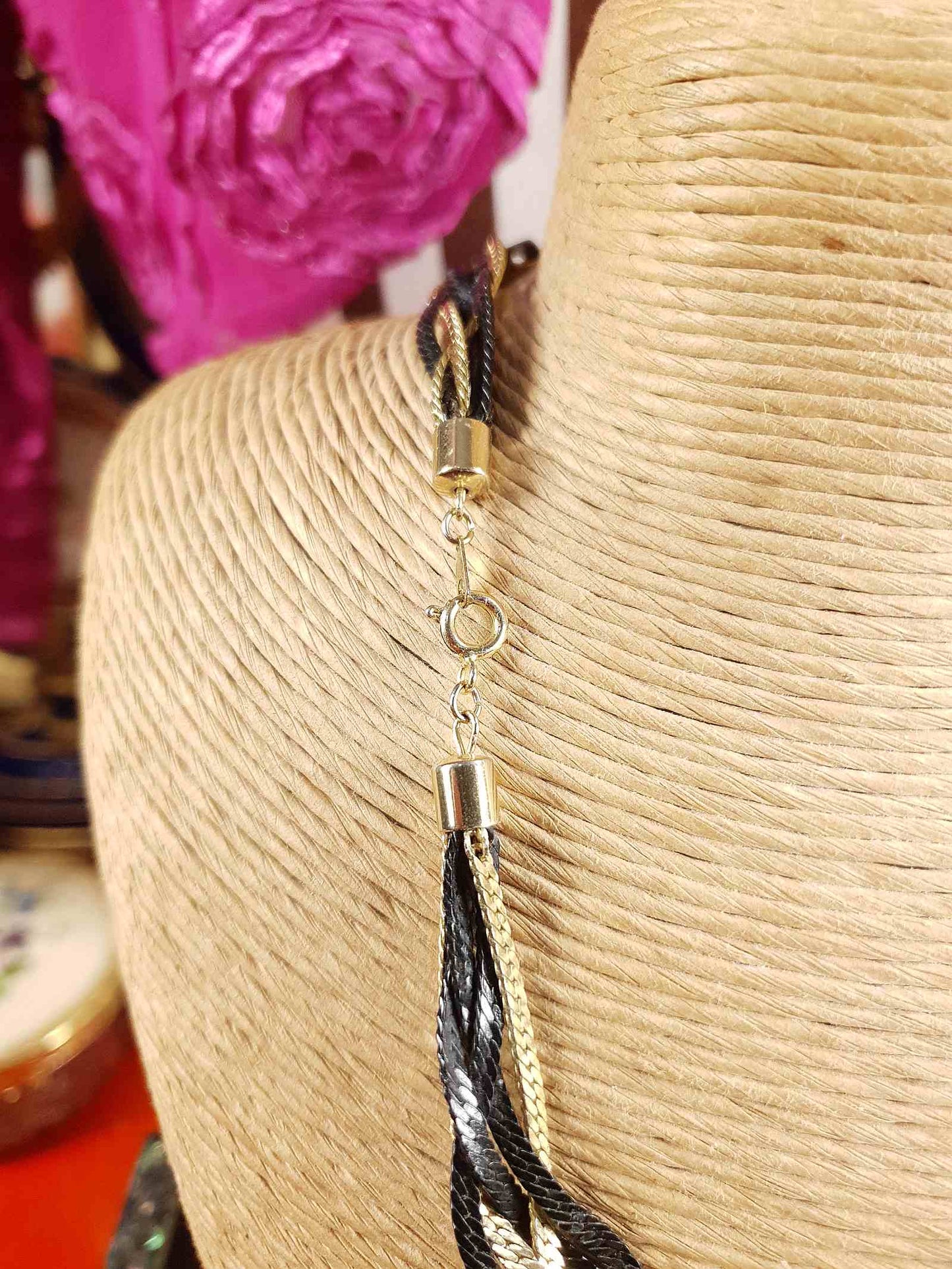 Vintage 1970s Black Gold-Tone Plaited Necklace Choker Retro