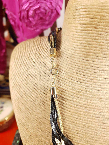 Vintage 1970s Black Gold-Tone Plaited Necklace Choker Retro