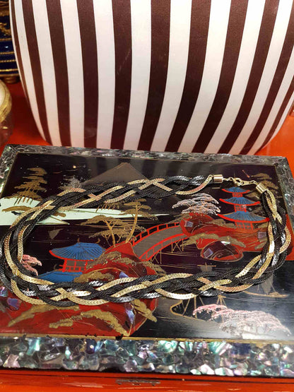 Vintage 1970s Black Gold-Tone Plaited Necklace Choker Retro