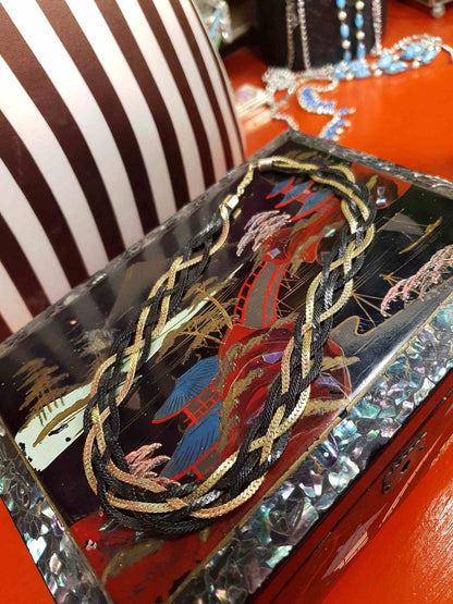 Vintage 1970s Black Gold-Tone Plaited Necklace Choker Retro