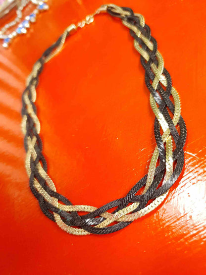 Vintage 1970s Black Gold-Tone Plaited Necklace Choker Retro