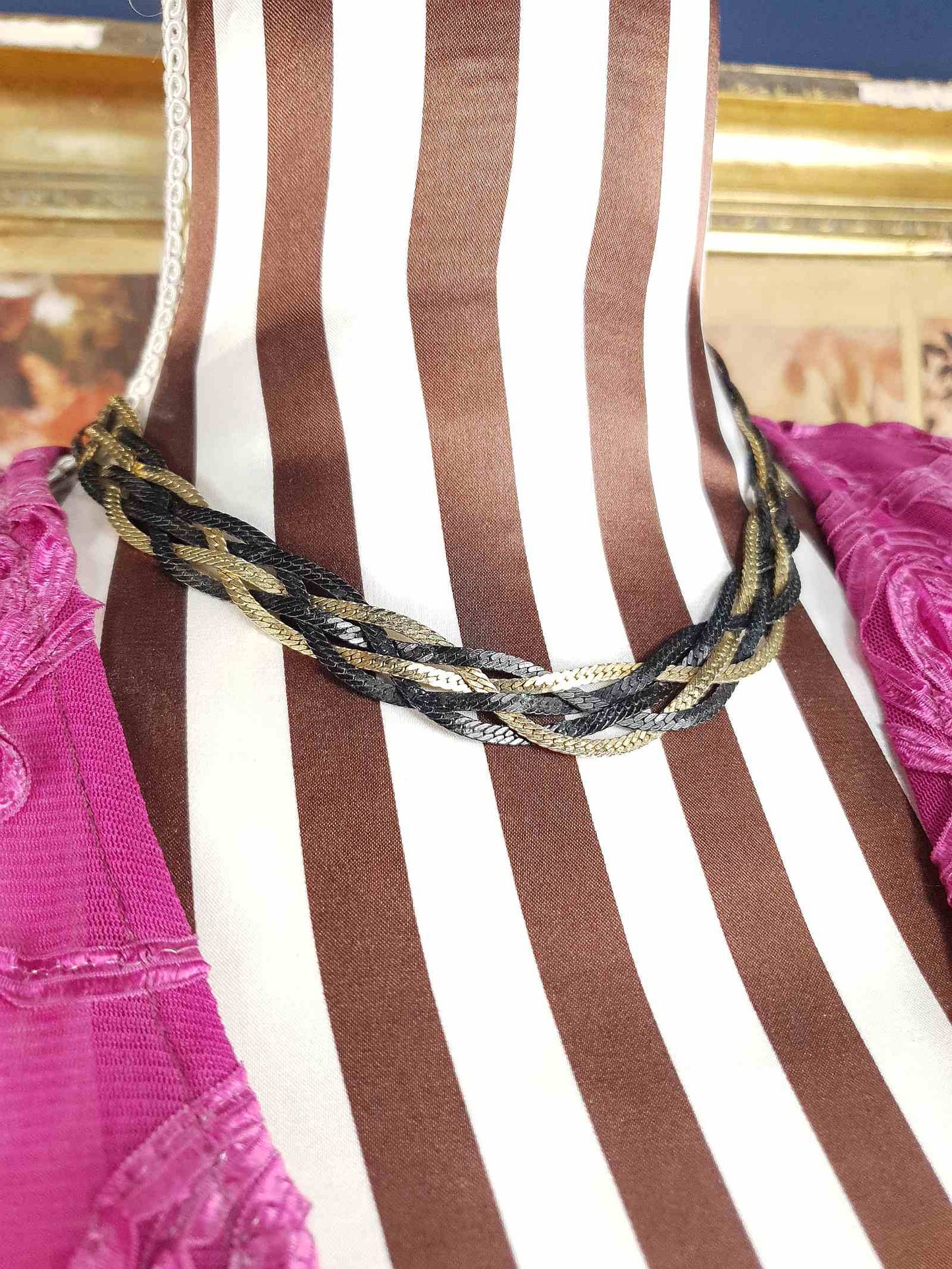 Vintage 1970s Black Gold-Tone Plaited Necklace Choker Retro