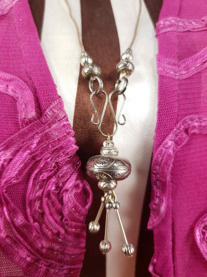 Vintage 1970s Boho Engraved Necklace Bohemian Silver Tone Metal