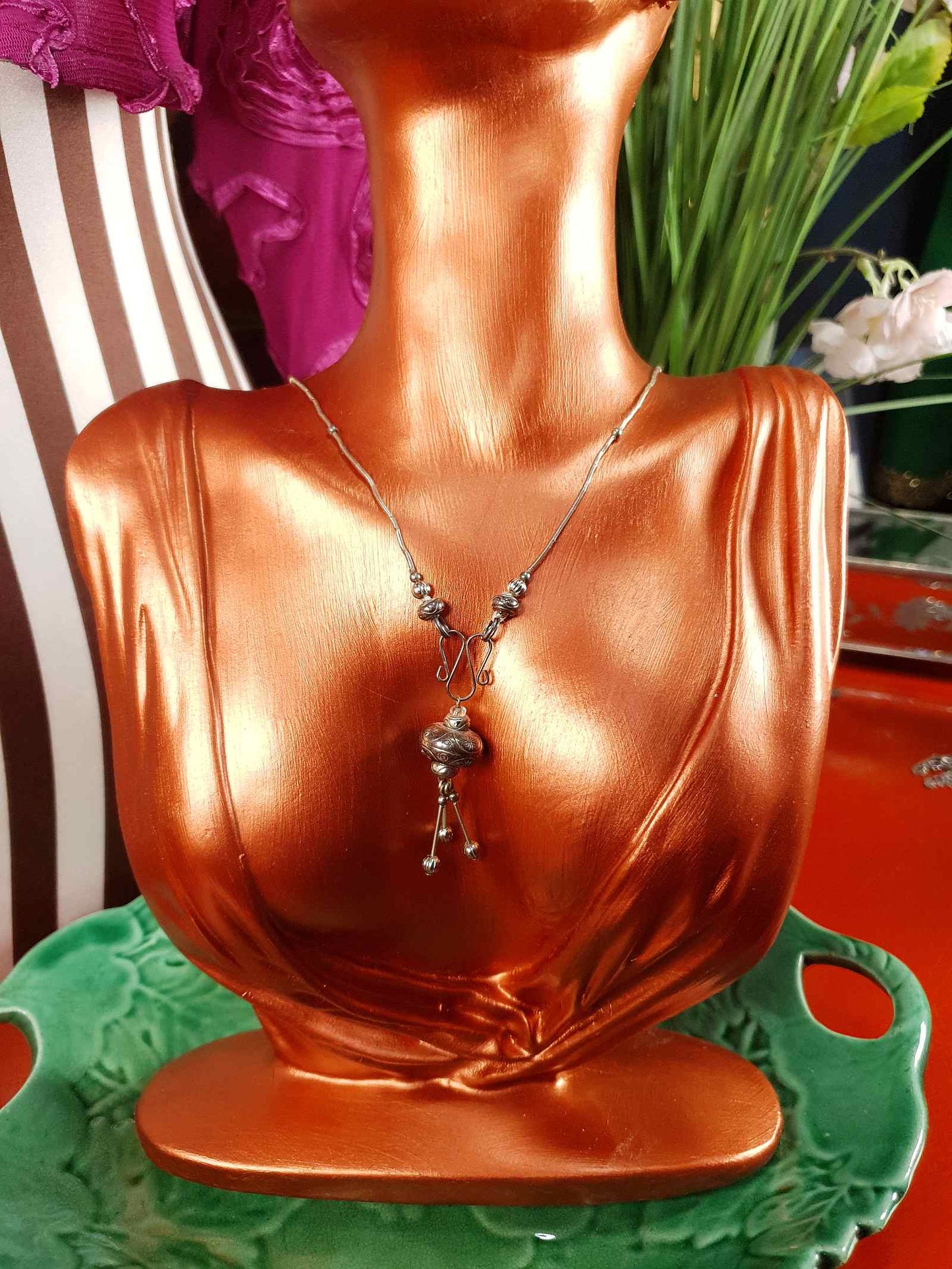 Vintage 1970s Boho Engraved Necklace Bohemian Silver Tone Metal