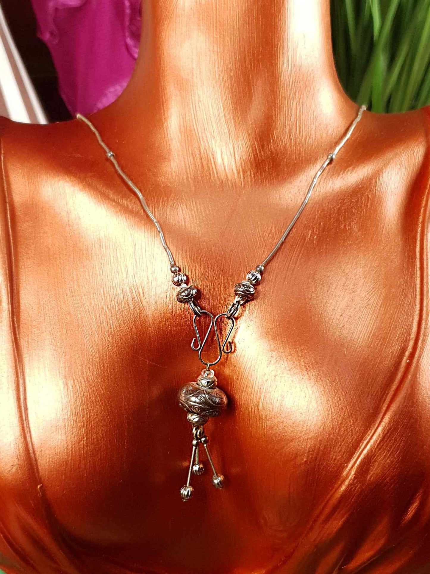 Vintage 1970s Boho Engraved Necklace Bohemian Silver Tone Metal