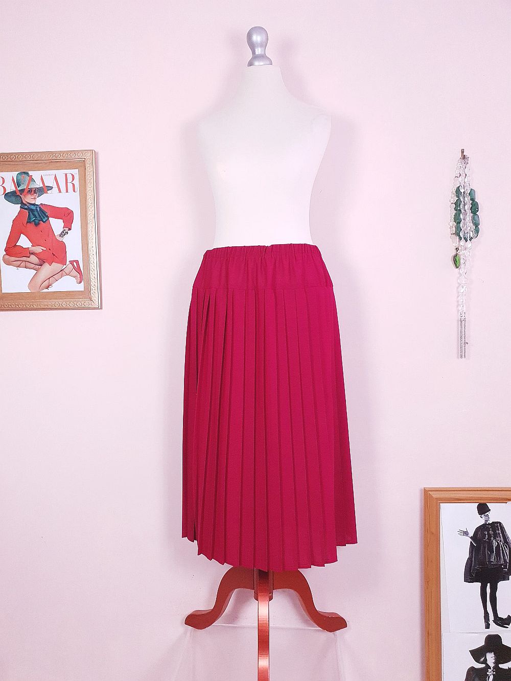 Vintage 1970s Red Pleated Skirt Midi Size 14 Retro