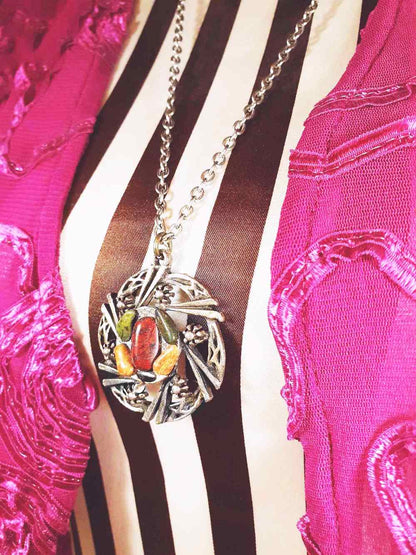 Vintage 1970s Scottish Jasper Pewter Celtic Necklace 28" Pendant Gemstone