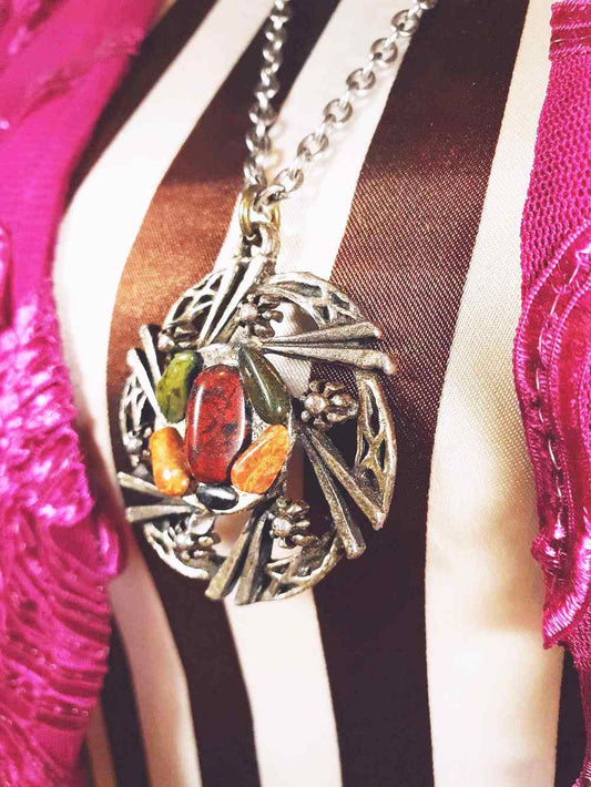 Vintage 1970s Scottish Jasper Pewter Celtic Necklace 28" Pendant Gemstone